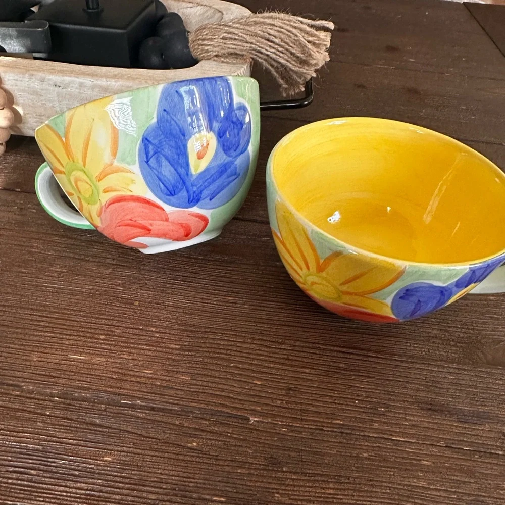Bob Mackie yellow blue floral botanical oversized vintage mug set